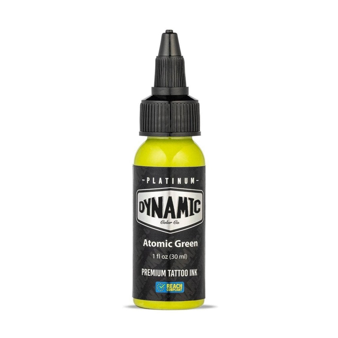 Fotografía de Tinta Dynamic Platinum Atomic Green 30 ml en Viking Tattoo Shop, suministros premium para artistas del tatuaje.