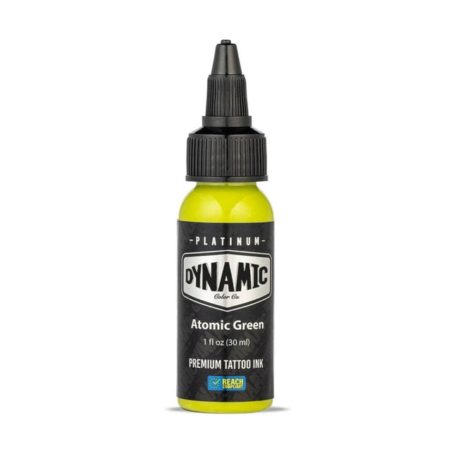 Fotografía de Tinta Dynamic Platinum Atomic Green 30 ml en Viking Tattoo Shop, suministros premium para artistas del tatuaje.